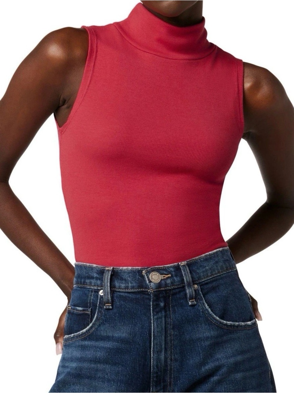 Hudson Jeans Sleeveless Ribbed Mock Neck Tank - Red